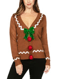 Elegant Gingerbread Christmas Cardigan for Women - V-Neck, Long Sleeve with Bow Detail, Button-Up Knit Sweater for Fall/Winter