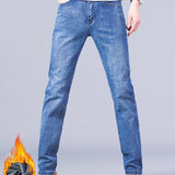 kkboxly Warm Fleece Straight Leg Jeans For Business, Men's Semi-formal Denim Pants For Fall Winter