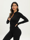 kkboxly  Black Full-zipper Yoga Jacket, Long Sleeve Hollow Out Slim Fitted Sports Top, Women's Activewear