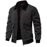 realaiot  Warm Fleece Denim Jacket, Men's Casual Flap Pocket Jacket Coat With Fur Collar For Fall Winter