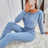 kkboxly  Solid Sweater Two-piece Set, Long Sleeve Crew Neck Crop Sweater & Drawstring Slim Pants Outfits, Women's Clothing