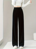 Solid Velvet Straight Leg Pants, Casual Elastic Waist Loose Pants, Women's Clothing