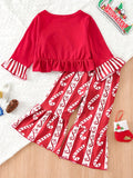 2-Piece Set: Toddler Girl's Christmas Candy Cane Print Trumpet Sleeve Top & Flared Pants Outfit for Spring Fall Festival Party