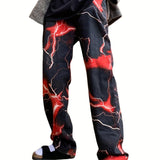 kkboxly  Straight Leg Lightning Pattern Dye Jeans, Men's Casual Street Style Loose Fit Denim Pants For Spring Summer