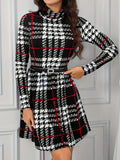 kkboxly Funnel Neck Plaid Dress, Long Sleeve Ruffle Hem Elegant Dress, Women's Clothing