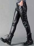 kkboxly  Men's Chic PU Pants, Casual Slim Fit Medium Stretch Faux Leather Biker Pants For Spring Fall