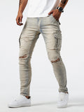 kkboxly  Men's Casual Multi Pocket Jeans, Street Style Medium Stretch Denim Pants