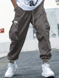 kkboxly Plus Size Men's Drawstring Cargo Pants: Letters Print, Multi-Pocket Design, Perfect For Outdoor Activities