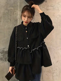 kkboxly  Ruffle Trim Asymmetrical Blouse, Casual Button Front Long Sleeve Blouse, Women's Clothing
