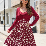 kkboxly  Floral Dress Long Sleeve High Waist A-Line Midi Dress, Casual Loose Dress, Women's Clothing