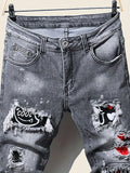 kkboxly  Slim Fit Patchwork Jeans, Men's Casual Street Style Distressed Stretch Denim Pants