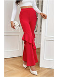 kkboxly  Solid Slim Flare Leg Pants, Elegant Ruffle Trim Pants For Spring & Fall, Women's Clothing