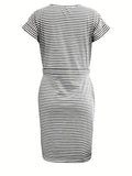 kkboxly  Striped Round Neck Slim Dress, Casual Buttons Belt Waist Summer Short Sleeve T Shirt Dresses, Women's Clothing