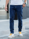 Straight Leg Cotton Jeans, Men's Casual Street Style Classic Design Solid Color Mid Stretch Denim Pants For Spring Summer