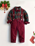 Boy's Christmas Style Gentleman Outfit, Plaid Pattern Bowtie Shirt & Vest & Overalls Set, Formal Wear For Speech Performance Birthday Party, Kid's Clothes For Spring Fall Winter Outdoor Clothes