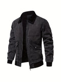 realaiot  Warm Fleece Denim Jacket, Men's Casual Flap Pocket Jacket Coat With Fur Collar For Fall Winter