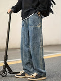 kkboxly  Wide Leg Cotton Jeans, Men's Casual Street Style Patchwork Denim Pants For Spring Summer