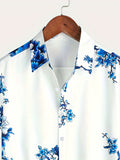 kkboxly  Blue Flowers Print, Men’s Button Up Short Sleeve Shirt Regular Fit For Beach Summer