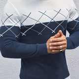 kkboxly  Crew Neck Knitted Sweater, Men's Casual Warm Color Block Slightly Stretch Pullover Sweater For Fall Winter