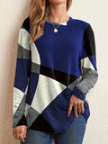 kkboxly  Color Block Geo Print T-shirt, Long Sleeve Crew Neck Casual Top For Spring & Fall, Women's Clothing