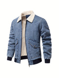 realaiot  Warm Fleece Denim Jacket, Men's Casual Flap Pocket Jacket Coat With Fur Collar For Fall Winter