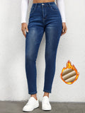 kkboxly  Plain Fleece Liner Skinny Jeans, Slim Fit Mid-Stretch Keep Warm Casual Denim Pants, Women's Denim Jeans & Clothing