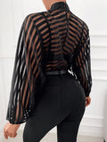 Women's Shirts Tops Striped Fake Buttons Mesh Blouses Tops