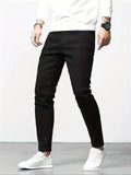 kkboxly  Contrast Stitching Slim Fit Jeans, Men's Casual Street Style Mid Stretch Denim Pants For Spring Summer