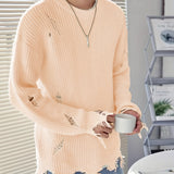 Men's Fall Winter Pullover Sweater Drop Shoulder Ripped Knit Sweater Round Neck Casual Knitwear