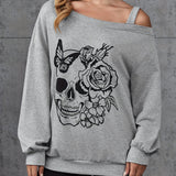 kkboxly  Skull & Floral Print One Shoulder Sweatshirt, Casual Long Sleeve Sweatshirt, Women's Clothing