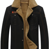 Men's Warm Fleece Cotton Jacket For Fall Winter, Casual Lapel Biker Jacket Coat