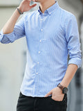 kkboxly  Thin Striped Long Sleeve Shirt Men's Business Casual Slim Button Down Shirt