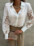 kkboxly  Plus Size Elegant Blouse, Women's Plus Solid Button Up Contrast Lace Sleeve Turn Down Collar Blouse