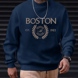 kkboxly  Men's Pullover Round Neck Long Sleeve Sweatshirt Letter "Boston" Pattern Casual Top For Autumn Winter Men's Clothing