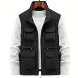 kkboxly  Multi Zipper Pockets Vest, Men's Casual Stand Collar Zip Up Vest For Spring Summer Outdoor Fishing Hiking