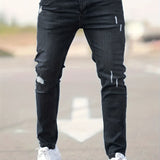 kkboxly Ripped Design Cotton Slim Fit Jeans, Men's Casual Street Style Leg Mid Stretch Denim Pants For Spring Summer