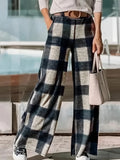 kkboxly  Plaid High Waist Wide Leg Pants, Casual Pants For Spring & Fall, Women's Clothing