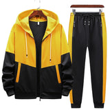 kkboxly  2pcs Men's Casual Zip-up Hooded Jacket And Color Block Jogger Pants With Zip Pockets