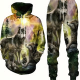 kkboxly  Plus Size Men's Wolf & Letters Graphic Print Sweatshirt & Sweatpants Set For Sports/outdoor/workout, Spring/autumn 2Pcs Tracksuit For Big & Tall Males, Men's Clothing