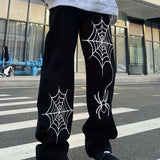 Spider & Spider Web Print Kpop Straight Leg Jeans, Men's Casual Street Style Denim Baggy Pants