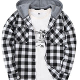 kkboxly  Plaid Shirt Coat For Men Long Sleeve Casual Regular Fit Button Up Hooded Shirts Jacket