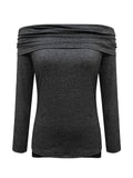 kkboxly Solid Ruched Off Shoulder T-Shirt, Casual Long Sleeve Top For Spring & Fall, Women's Clothing