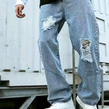 kkboxly Loose Fit Ripped Baggy Jeans, Men's Casual Street Style Wide Leg Denim Pants