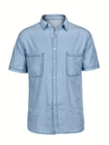 kkboxly  Men's Denim Dress Cotton Shirt Button Up Short Sleeve Shirt