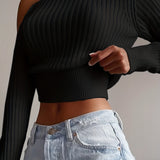 Ribbed Asymmetrical Neck Knit Crop Sweater, Sexy Cold Shoulder Long Sleeve Pullover Sweater, Women's Clothing