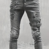 kkboxly  Slim Fit Ripped Biker Jeans, Men's Casual Street Style Medium Stretch Denim Pants