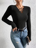 kkboxly Ribbed Cross Front V Neck T-Shirt, Casual Long Sleeve Top For Spring & Fall, Women's Clothing