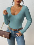 kkboxly  Solid Rib Knit Sweater, Casual Long Sleeve V Neck Slim Sweater, Women's Clothing