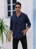 kkboxly kkboxly  Men's Stylish Loose Solid Shirt, Casual Slightly Stretch Breathable Button Up Long Sleeve Shirt Top For City Walk Street Hanging Outdoor Activities