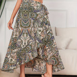 kkboxly  Boho Paisley Print Ruffle Hem Skirt, Casual Wrap Skirt For Spring & Summer, Women's Clothing